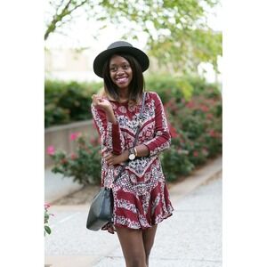 Free People Burgundy Cream Black Smooth Talker Long Sleeve Boho Mini Dress Sz‎ S